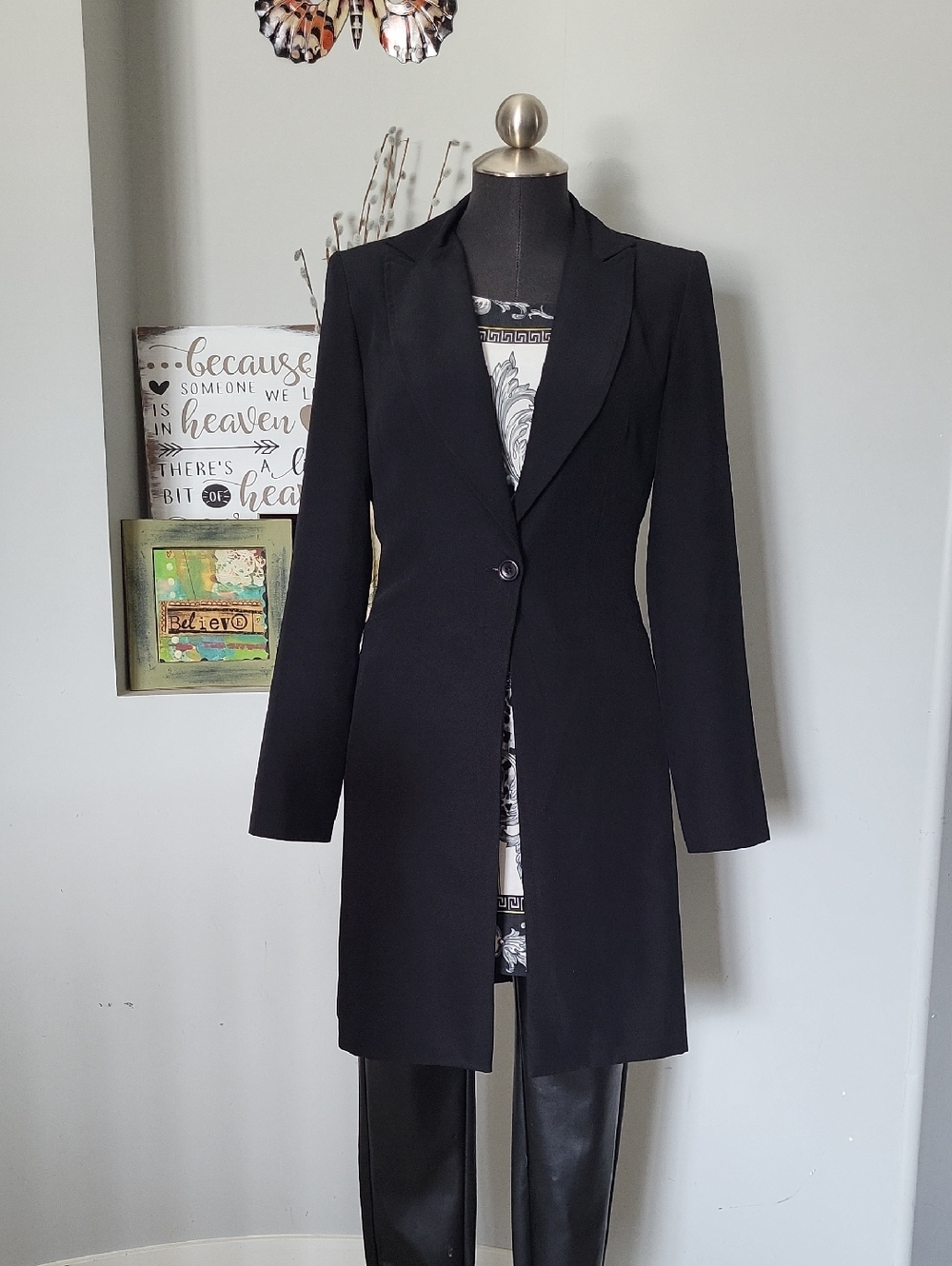 Vintage  Classic Single-Button Blazer Tuxedo Jacket Black Long Tailored XS